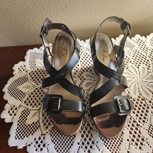 Marc Fisher Black Leather Wedge Platform Sandals.